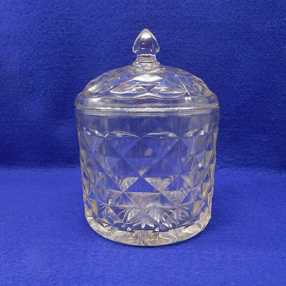 Vintage Biscuit Candy Jar Domed Lid Heavy Pressed Diamond Shape Glass 6" - Picture 5 of 8